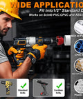 Worker using Dual Blade PVC Pipe Reamer Kit Eight-Piece For One Half To Four Inch Piping In One Easy Pass Fits Standard One Half Inch Drills