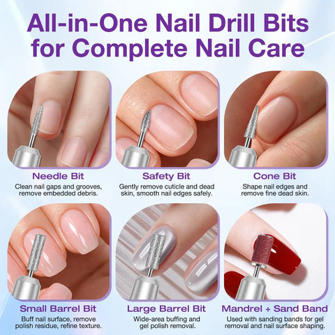 Close-up of various nail drill bits for Cordless Electric Nail Drill For Acrylic Gel Dip Powder Polish With LED Display Pro Kit.