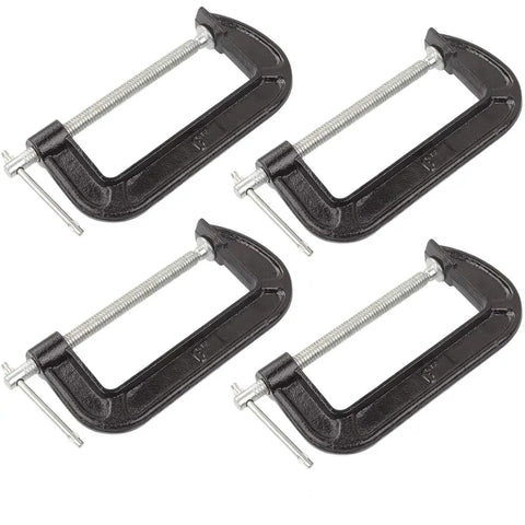 Heavy Duty Beefy 4 Pack 6 Inch C Clamp Set With Malleable Iron Build, 1350 Lbs Clamping Power, 6 Inch Jaw Opening, Black Finish