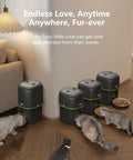 Zero Stress Fur Baby Snack Routine With This Smart Automatic Cat Feeder Boasting 1080P HD Camera And Infrared Night Vision Using 5G WiFi Plus Two Way Audio And Tight Portion Control To Keep Dry Kibble Fresh. Four smart feeders with cats eating.