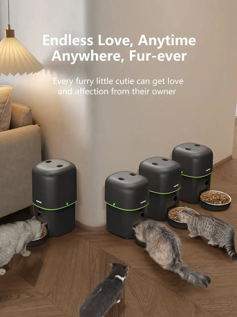 Zero Stress Fur Baby Snack Routine With This Smart Automatic Cat Feeder Boasting 1080P HD Camera And Infrared Night Vision Using 5G WiFi Plus Two Way Audio And Tight Portion Control To Keep Dry Kibble Fresh. Four smart feeders with cats eating.