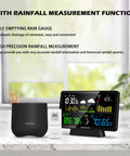 All-In-One Weather Station With No-Fuss Self-Emptying Wireless Rain Gauge For Indoor Outdoor Use, Thermometer, Barometric Pressure, Humidity Sensor, Atomic Clock, Digital Forecast And Alerts displayed on a table.