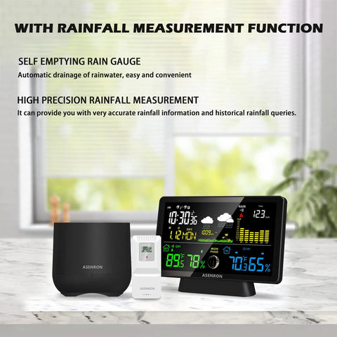 All-In-One Weather Station With No-Fuss Self-Emptying Wireless Rain Gauge For Indoor Outdoor Use, Thermometer, Barometric Pressure, Humidity Sensor, Atomic Clock, Digital Forecast And Alerts displayed on a table.
