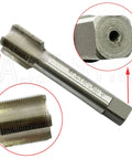 Pro Grade 13/16-20 HSS Tap And Die Set For UNEF Threads, focus on machine tap tip and threading details, angled view