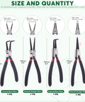 All In One 8 Piece 7 Inch Snap Ring Pliers Kit With Straight And 90 Degree Internal External Pliers Plus 4 Precision Hooks For Fast Ring Removal Pro Grade Heavy Duty Circlip Pliers Set For Automotive And DIY Projects, showing four pliers with size details.
