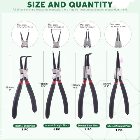 All In One 8 Piece 7 Inch Snap Ring Pliers Kit With Straight And 90 Degree Internal External Pliers Plus 4 Precision Hooks For Fast Ring Removal Pro Grade Heavy Duty Circlip Pliers Set For Automotive And DIY Projects, showing four pliers with size details.