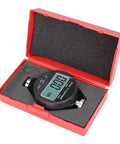 Top Shelf Digital Durometer Shore Hardness Tester With Bright LCD Screen inside red carrying case for rubber and plastic measurements.