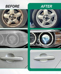 Before and after of car wheels, headlights, and door handles using 274 Pack 2 Inch Sanding Discs Kit For Drill And Die Grinder.