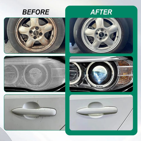 Before and after of car wheels, headlights, and door handles using 274 Pack 2 Inch Sanding Discs Kit For Drill And Die Grinder.
