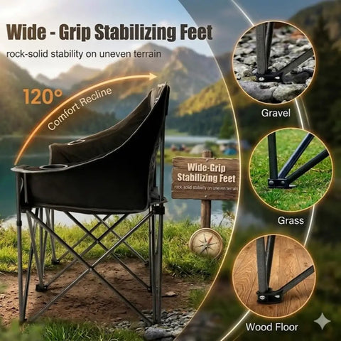 Side view of Oversized Heavy Duty Camping Loveseat With Cup Holders Quad Fold Double Camping Couch Holds 650 Lb Weight Capacity Portable Carry Bag For Outdoors Lawn And Sports Events Black, highlighting wide-grip feet