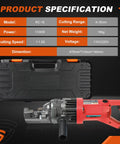 1100 Watt Cordless Rebar Cutter For 5/8 Inch Steel Bars Fast Hydraulic Cutting Up To 16Mm with specifications and case.