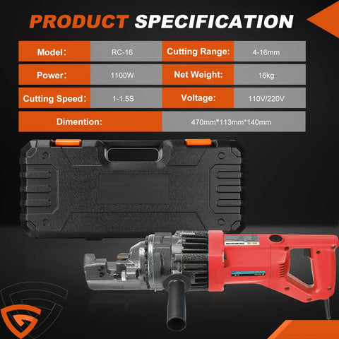1100 Watt Cordless Rebar Cutter For 5/8 Inch Steel Bars Fast Hydraulic Cutting Up To 16Mm with specifications and case.