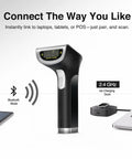 1D And 2D Wireless Barcode Scanner With Bluetooth And 2.4G Modes Handheld QR Code Reader with charging stand near laptop