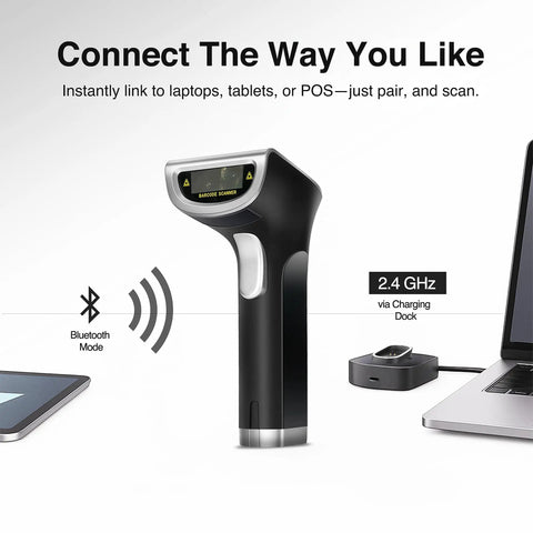 1D And 2D Wireless Barcode Scanner With Bluetooth And 2.4G Modes Handheld QR Code Reader with charging stand near laptop