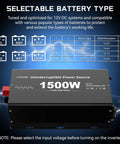 Close-up of No Brainer 1500W Sump Pump Battery Backup System with Pure Sine Wave Inverter, showing selectable battery types.