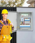 Electrician standing next to Durable Outdoor Electrical Box Lockable Enclosure, IP55 Waterproof NEMA Steel Case With Hinged Door