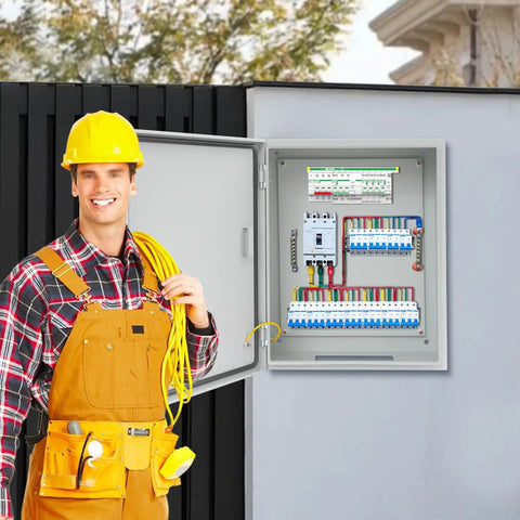 Electrician standing next to Durable Outdoor Electrical Box Lockable Enclosure, IP55 Waterproof NEMA Steel Case With Hinged Door
