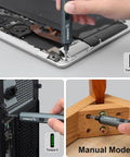 User repairing electronic device with Badass Mini Electric Screwdriver Set With 70 Precision Bits And Five Variable Torque Settings.