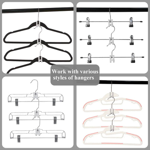 Different hangers using 60 Pack Mini Cascading Hanger Hooks For Velvet Huggable Hangers in closet, showcasing versatility.