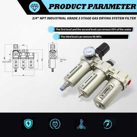 Diagram and product view of Pro Grade Three Stage Drying System With Coalescing Filter And Desiccant Dryer Auto Drain