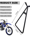 Beefy Heavy Duty Solid Steel Motorcycle Triangle Stand For Dirt Bikes 80-500cc shown beside a dirt bike, product dimensions indicated.