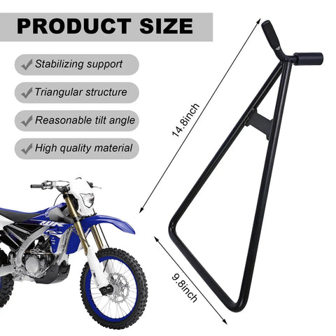 Beefy Heavy Duty Solid Steel Motorcycle Triangle Stand For Dirt Bikes 80-500cc shown beside a dirt bike, product dimensions indicated.