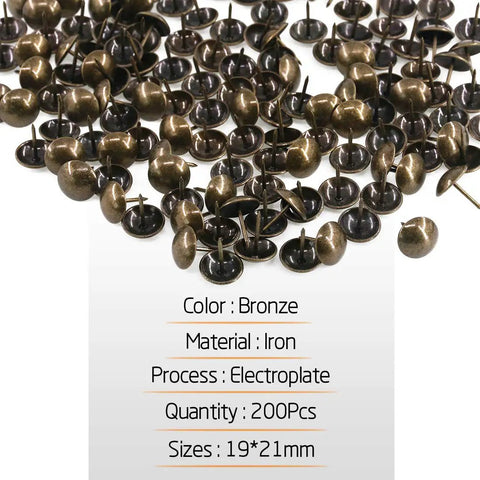 Premium Antique Bronze Upholstery Tacks 200 Piece Assortment Kit solid decorative thumb tacks in bronze iron finish for DIY use.