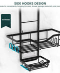 Must Have Overhead Shower Organizer With Adjustable Height Rustproof Caddy With Hooks And Soap Holder Extended Length Large Capacity Anti Swing Design Black Finish Easy Install For A Neat Tidy Bathroom Space showing side hooks design