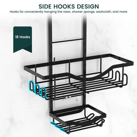 Must Have Overhead Shower Organizer With Adjustable Height Rustproof Caddy With Hooks And Soap Holder Extended Length Large Capacity Anti Swing Design Black Finish Easy Install For A Neat Tidy Bathroom Space showing side hooks design