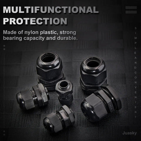 Waterproof Adjustable Cable Glands Kit 60 Pack Black Nylon Joints With Gaskets on black surface