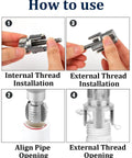 4 In 1 Water Pipe Threader Kit For One Half Inch, Three Quarter Inch, And One Inch Pipes, Carbon Steel Construction, showing threading installation