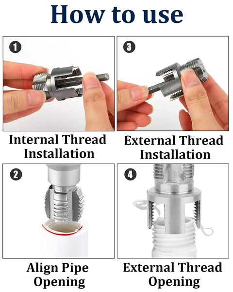 4 In 1 Water Pipe Threader Kit For One Half Inch, Three Quarter Inch, And One Inch Pipes, Carbon Steel Construction, showing threading installation