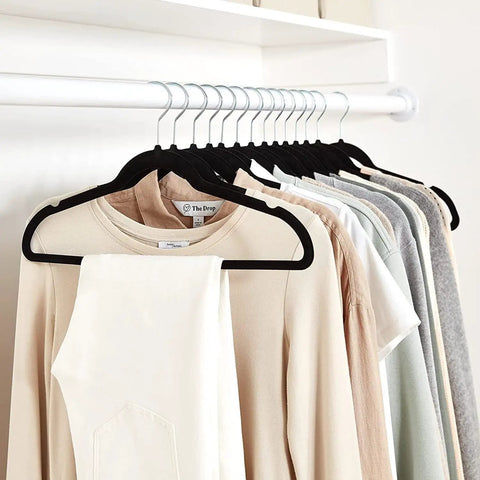 Slim Velvet Non Slip Space Saving Suit Hangers For Closet Organization 30 Pack Black And Silver displaying shirts and pants