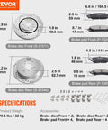 Diagram of all in one front and rear brake kit with drilled and slotted rotors and ceramic pads, showing specifications and sizes.
