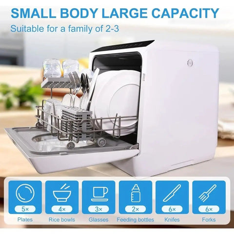 Kitchen Game Changer Compact Countertop Dishwasher With Built In Water Tank And Five Wash Cycles showing plates, glasses, and utensils in the rack.