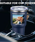 Top Shelf 30oz Custom Coffee Tumbler Stainless Steel Double Wall Vacuum Insulated Cooler Cup with photo wrap in car cup holder.