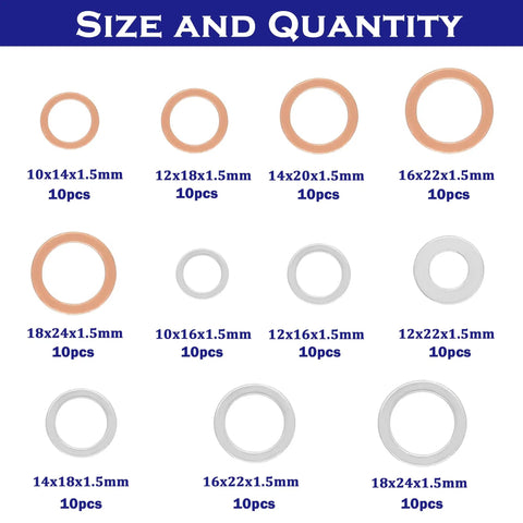 110 Piece Crush Washer Set For Oil Drain Plugs Copper And Aluminum Washers M10 M12 M14 M16 M18 Sizes Display