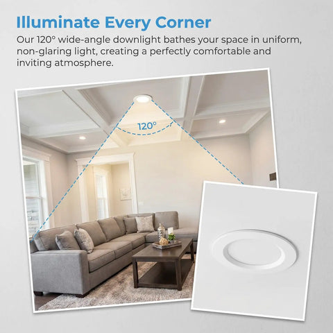 Ultra-Thin 2in Recessed Lighting Kit Panel Lights For Ceiling Installation shown in modern living room with wide-angle illumination.