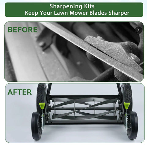 Before and after using Reel Lawn Mower Sharpening Kit SK-1 For Manual Reel Mower No Fuss Easy To Use Precision Crank Tool For Sharpening Blade Edges Durable Design That Delivers Clean Crisp Cut Every Time, showing improved blade sharpness