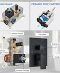Wall mounted components of Matte Black Shower System With 12 Inch Rain Shower Head And Handheld Spray Brass Valves