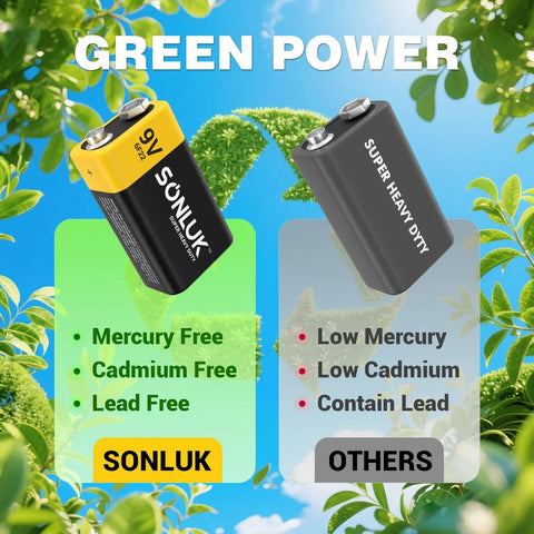 Sonluk 9V battery and generic battery comparison, highlighting mercury-free, cadmium-free features, eco-friendly design.