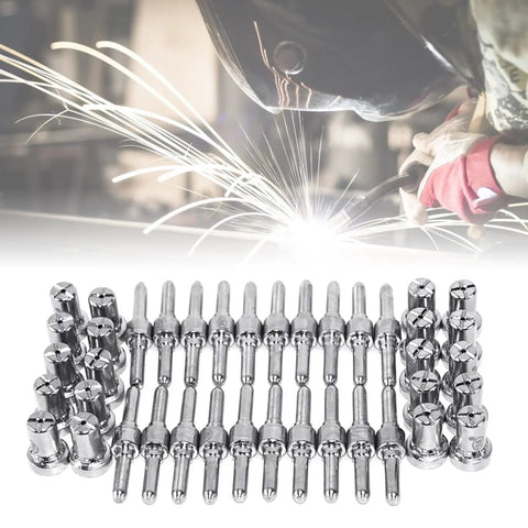 Upgrade Your Plasma Cutting Game With These Heavy Duty Extended Long Tip Electrodes And Nozzles For 40A PT31 LG40 Machines showing red copper tips and nozzles.
