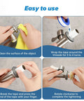 Steps showing installation of Premium PTFE Plumbers Tape 6 Roll Pack Teflon Thread Seal Tape on a metal pipe fitting.