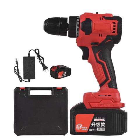 Heavy Duty Brushless Impact Drill Boasting 21 Volt Cordless Muscle And A Beefy 3 8 Inch Chuck Built For Brutal Concrete Masonry Tasks With 3 Ah Battery Plus Fast Charger And Quick Trigger Switch next to charger and case.