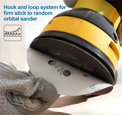 Grab These Badass 5 Inch Sanding Discs With Hook Loop Back For Random Orbital Sanders Featuring 8 Holes And A Wild Range From 40 To 3000 Grit For Smooth Finish Anywhere with hook and loop system on sander.