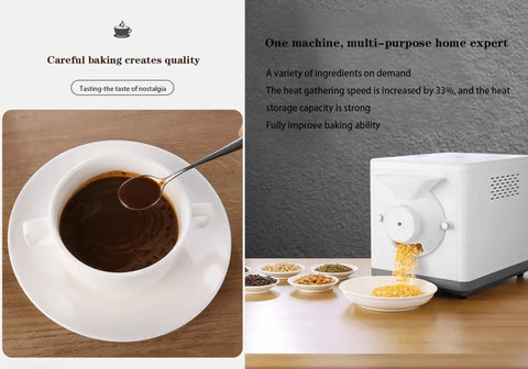 Electric Coffee And Nut Roaster Machine 1600 Watt Automatic Stirring Non Stick Pan with coffee cup and roasted nuts on a table.