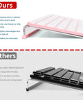 Comparison of clear acrylic tilted keyboard stand with pink silicone pad and another black model highlighting ergonomic design.