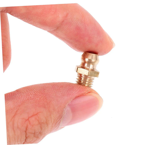 Close-up of copper nozzle from 25 Piece Grease Zerk Fitting Assortment Kit With Straight And Angled Copper Threaded Nozzles For Quick Lubrication Of Machinery And Equipment One Quarter By Twenty Eight Thread Size held between fingers.