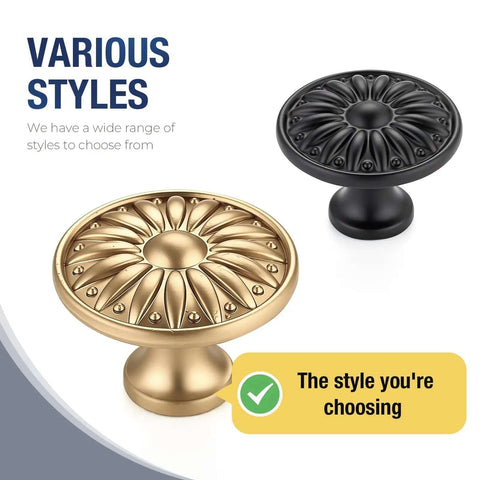 Close-up of Vintage Rosette Sunburst Cabinet Knobs in champagne bronze and black finishes, highlighting decorative details.