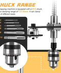 Badass Manual Tapping Machine With Swivel Bench Stand And Tight Grip Chuck For Smooth M3 To M10 Threading Garage Built Extra Heavy Duty Workshop Gear showing B12 chuck and tap range 1.5-10mm.